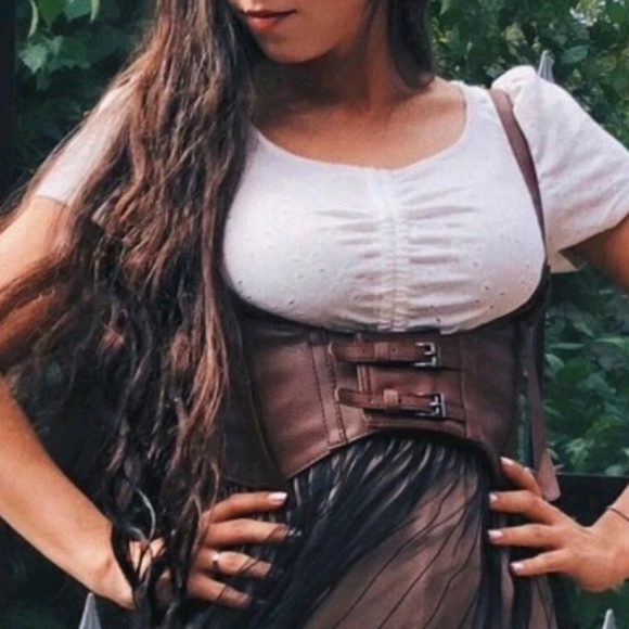 Brown wide waist belt faux leather corset harness buckle suspenders steampunk - Picture 6 of 16